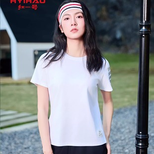 红一号条纹圆领短袖T恤女2025夏季新款冰感速干潮牌打底半袖50011
