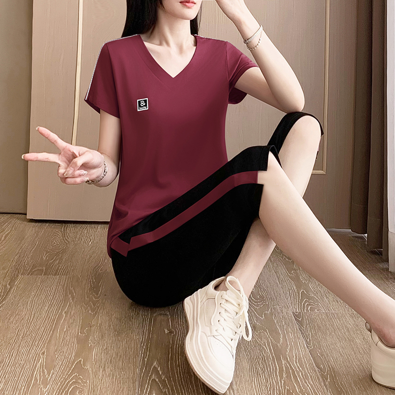 休闲运动套装女夏季2025新款时尚洋气短袖七分裤跑步服两件0621d