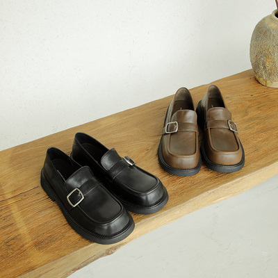 盛先生 英伦风厚底乐福鞋女2025新款真皮单鞋黑色一脚蹬小皮鞋