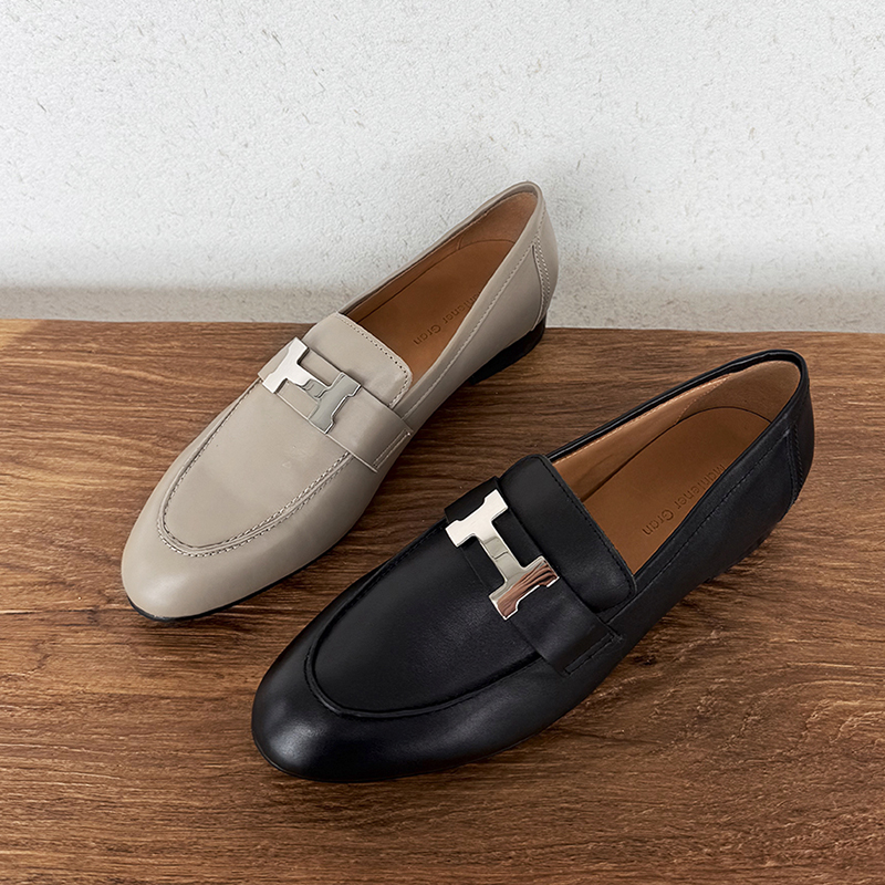 盛先生 黑色乐福鞋女2025新款真皮平底单鞋英伦小皮鞋女鞋一脚蹬