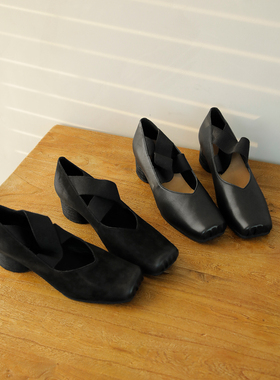 盛先生｜升级！暗黑做旧复古芭蕾舞鞋女猪鼻子中跟芭蕾鞋交叉带W4