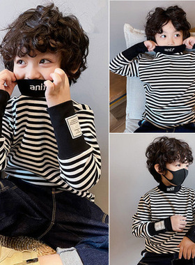 童装新款男童条纹春秋款T恤纯棉女宝宝中高领一体绒上衣打底衫潮