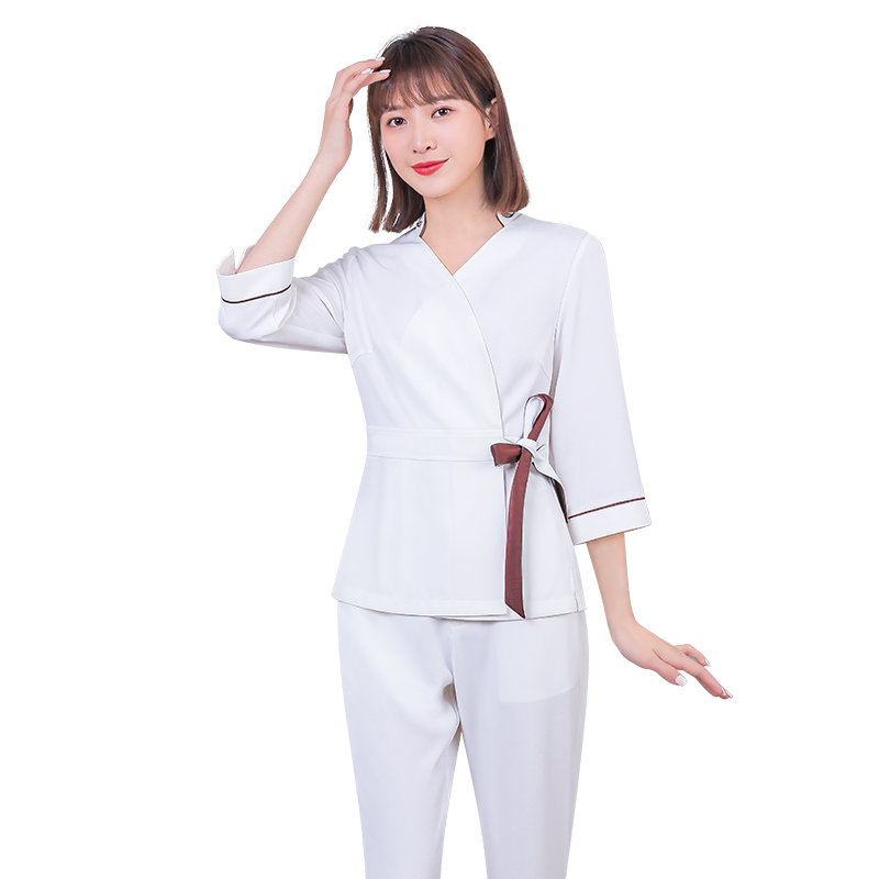 多恩足浴技师工作服套装按摩技师美容院工作服女秋冬白色气质套装