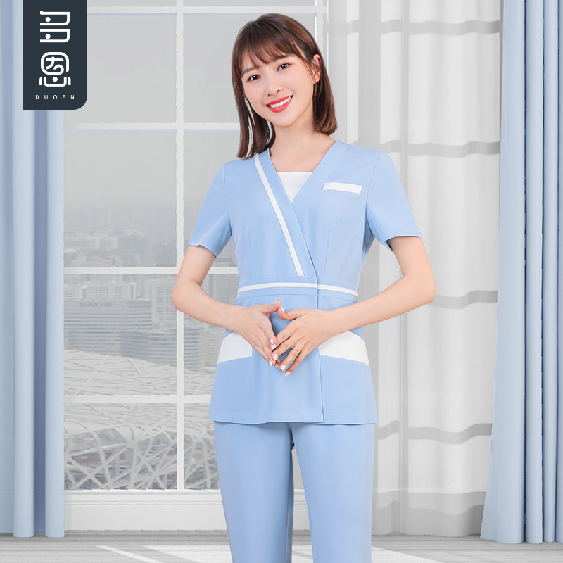 护士服夏季薄款短袖蓝色分体女套装美容院牙科高级美容师工作服