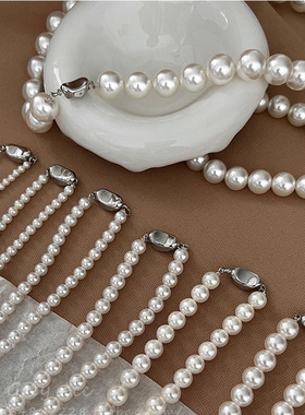 施家珍珠项链女小众轻奢设计感简约气质锁骨链元宝扣子毛衣链