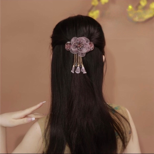气质国风浪漫古风弹簧夹发卡后脑勺一字夹水晶头饰绢纱流苏发夹女