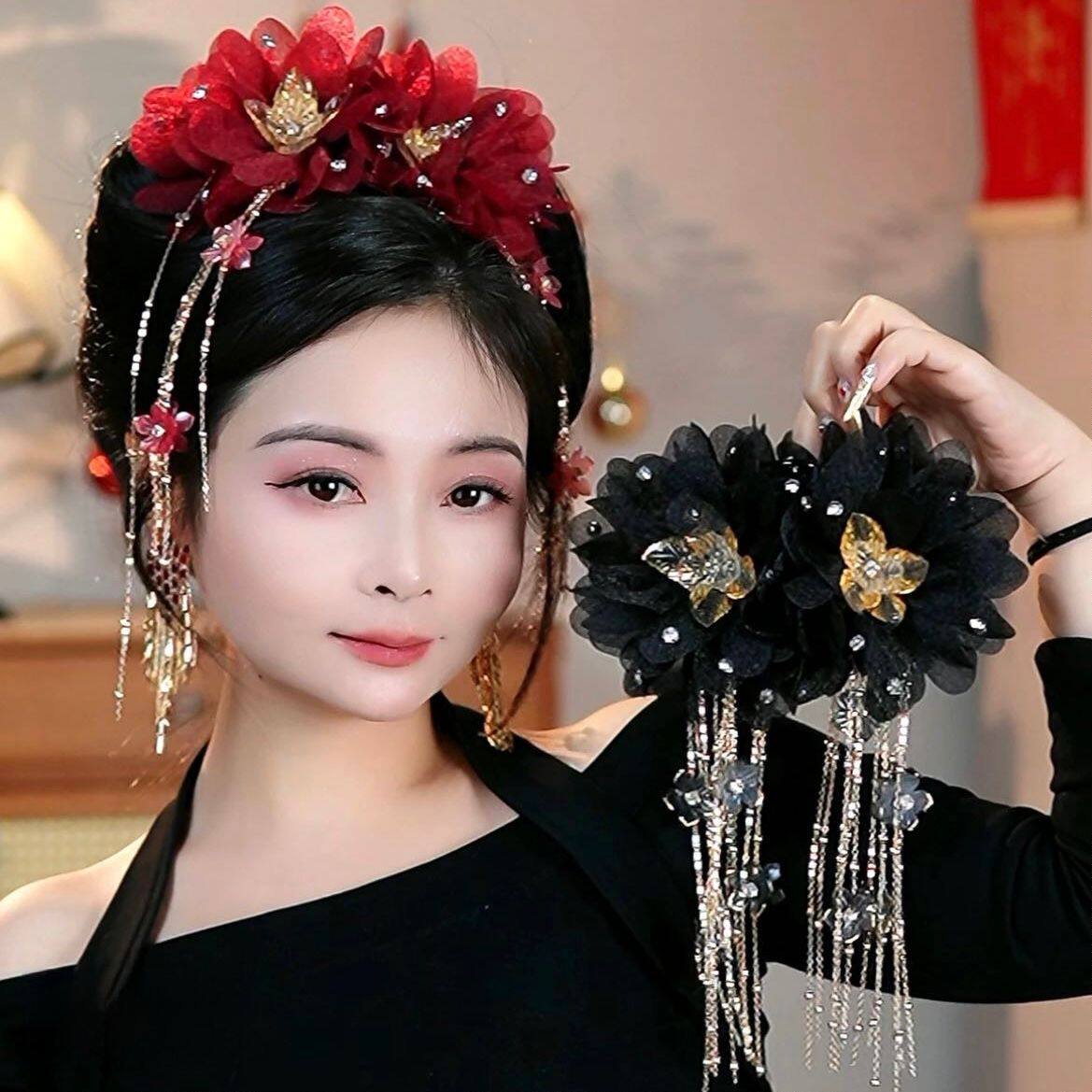 (金枝玉叶)新年花朵流苏抓夹超仙气复古风国风鲨鱼夹盘发头饰发夹