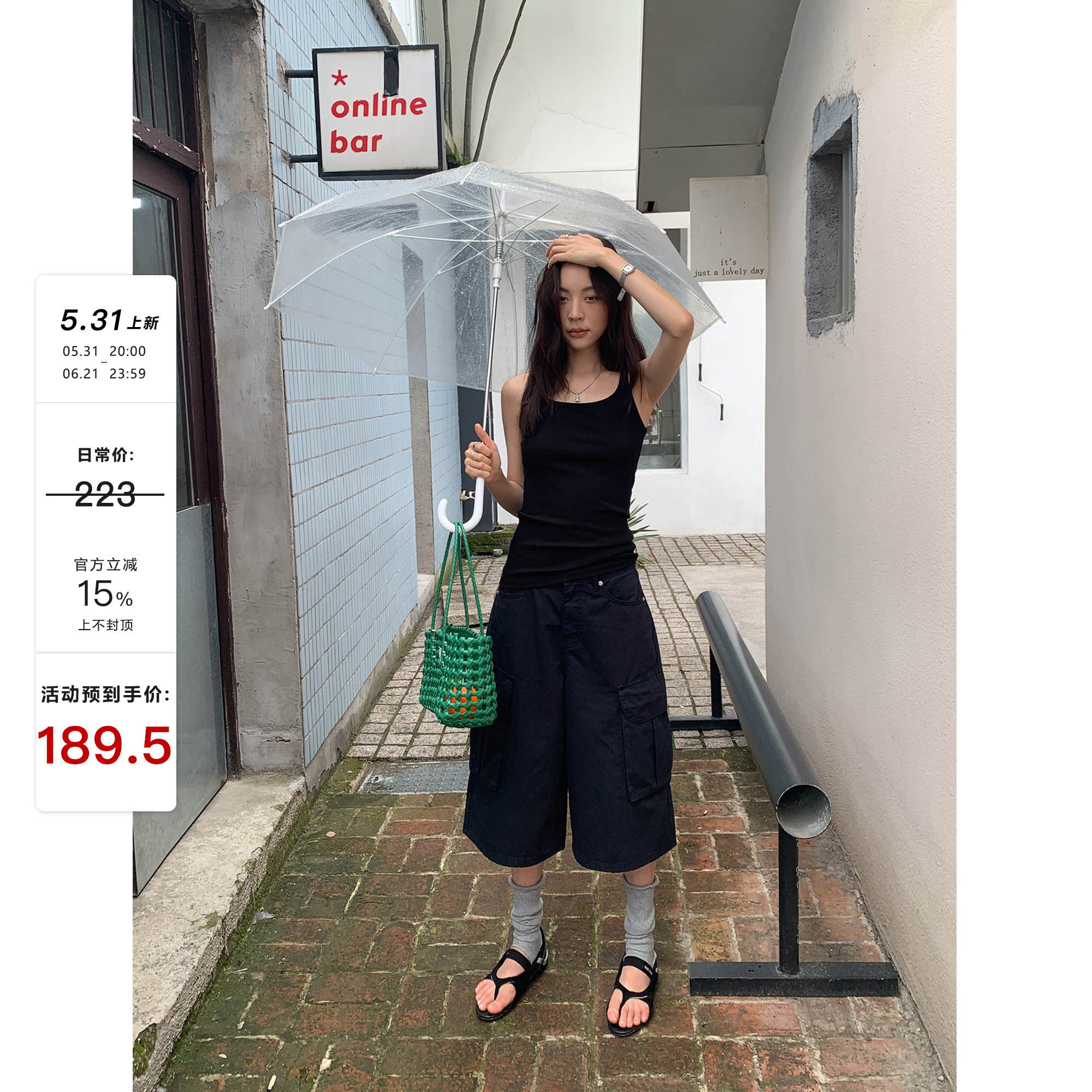 SIXI四喜家 时髦精天菜 复古藏蓝工装短裤女宽松口袋中裤休闲裤