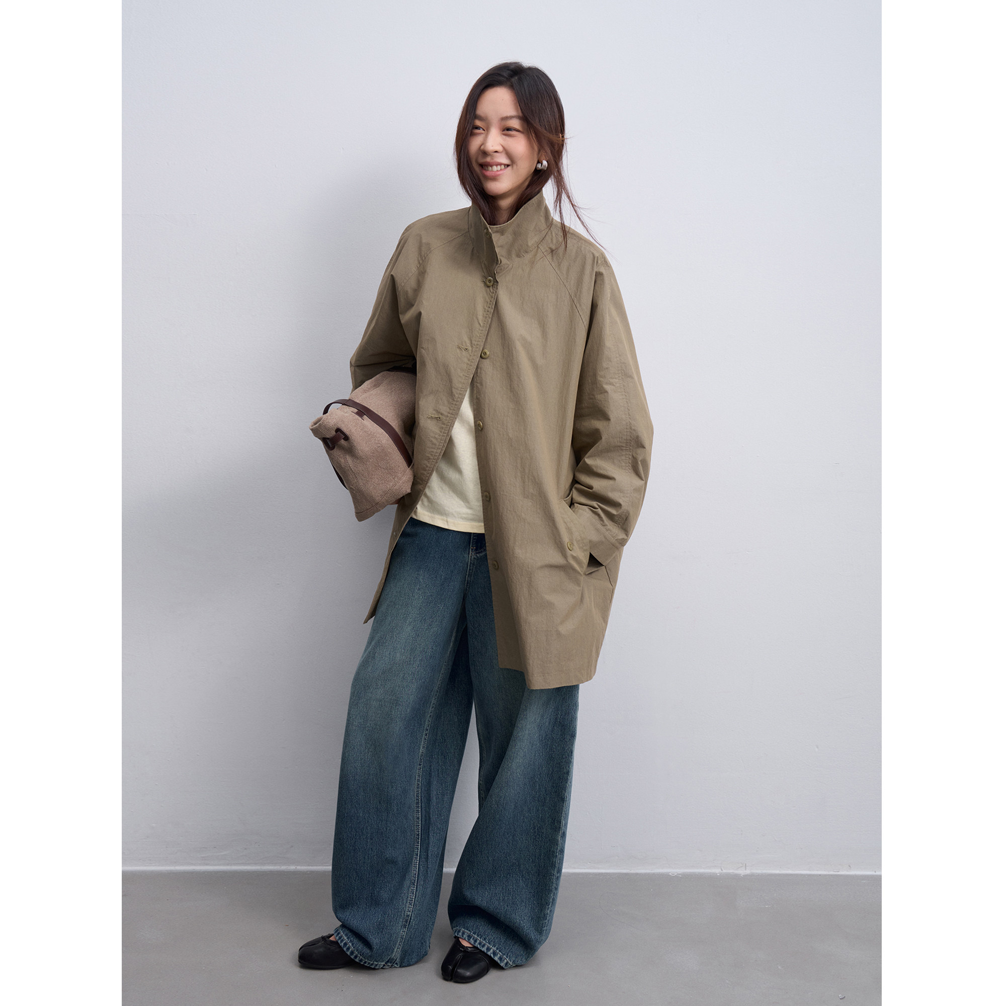 四喜家伦敦塔桥立领中长款风衣女图片