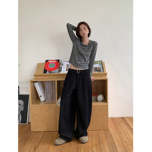 女柔软有型腰带阔腿长裤 做旧廓形直筒牛仔裤 旧日漫步 SIXI四喜家