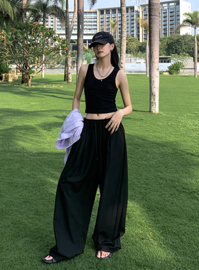 SIXI四喜家春夏 皮抽绳休闲长裤女宽松显瘦慵懒垂感肥佬裤阔腿裤