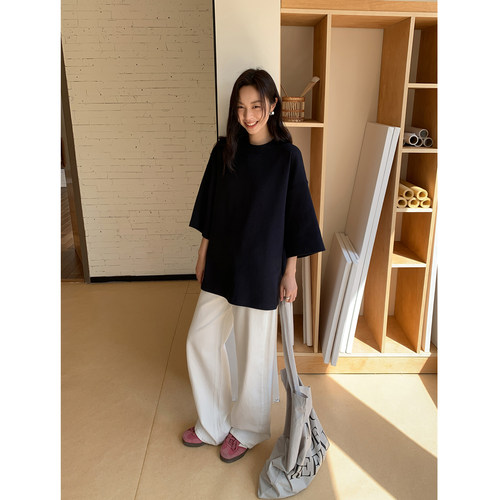SIXI四喜家 极简实穿 基础廓形大版型短袖t恤女夏休闲落肩上衣