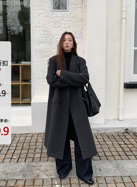 SIXI四喜家 英黎俱乐部 经典正肩灰色毛呢大衣女秋冬廓形长款外套