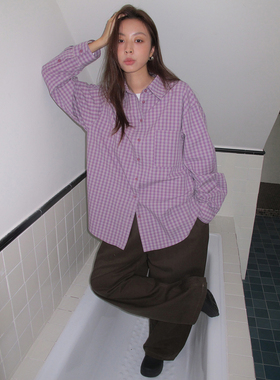 SIXI四喜家 烟山暮紫 复古紫色格子长袖衬衫女秋季内搭叠穿外套