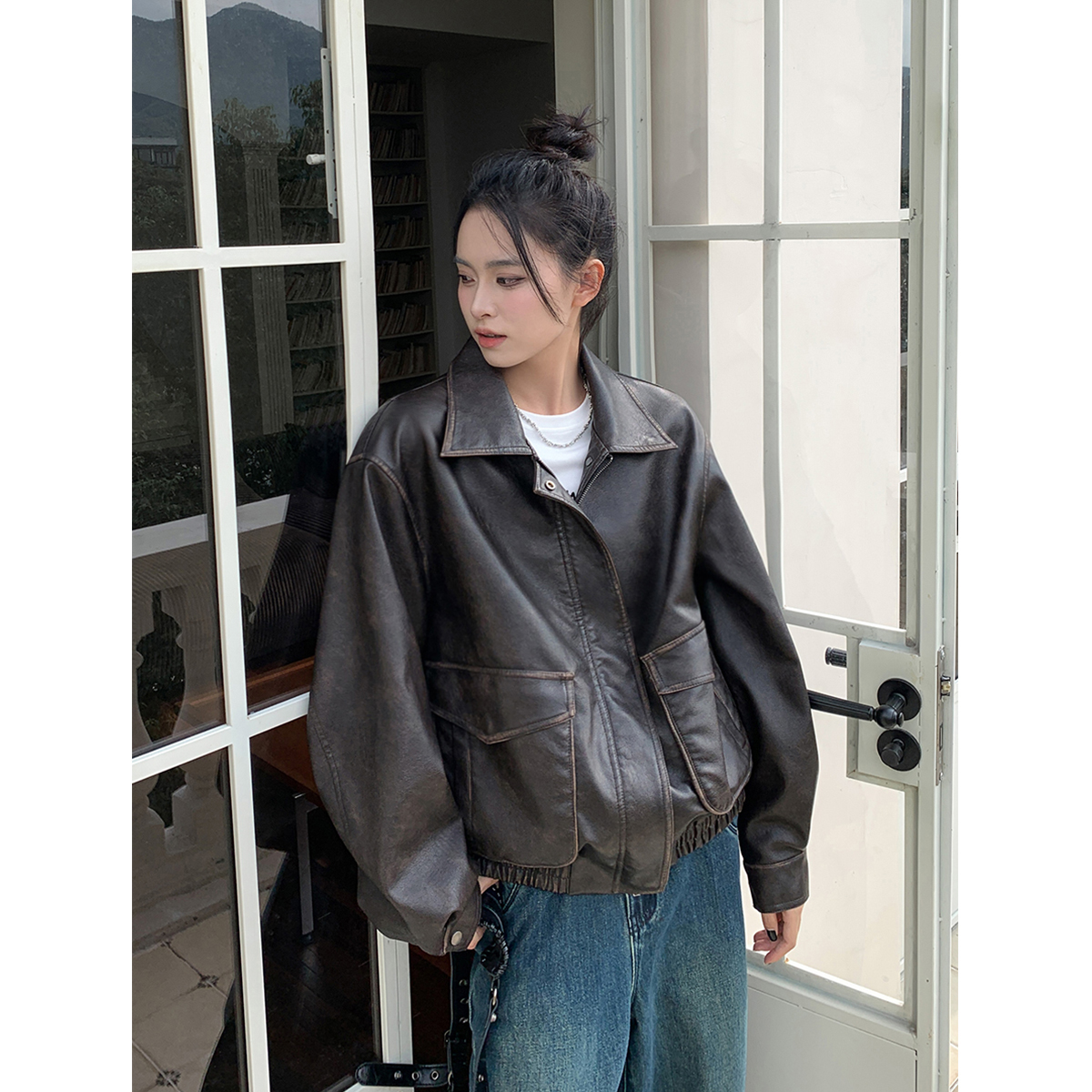 SIXI四喜家 拿捏New-vintage廓形感皮衣外套女秋冬宽松休闲夹克