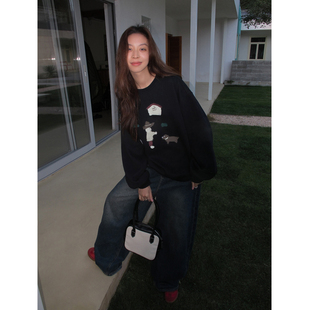 SIXI四喜家 复古手绘趣味印花圆领卫衣女秋冬休闲上衣 圣诞氛围