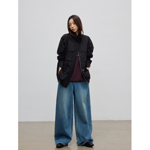 SIXI四喜家 肯豆Jacket 黑色立领口袋工装外套女秋宽松夹克上衣