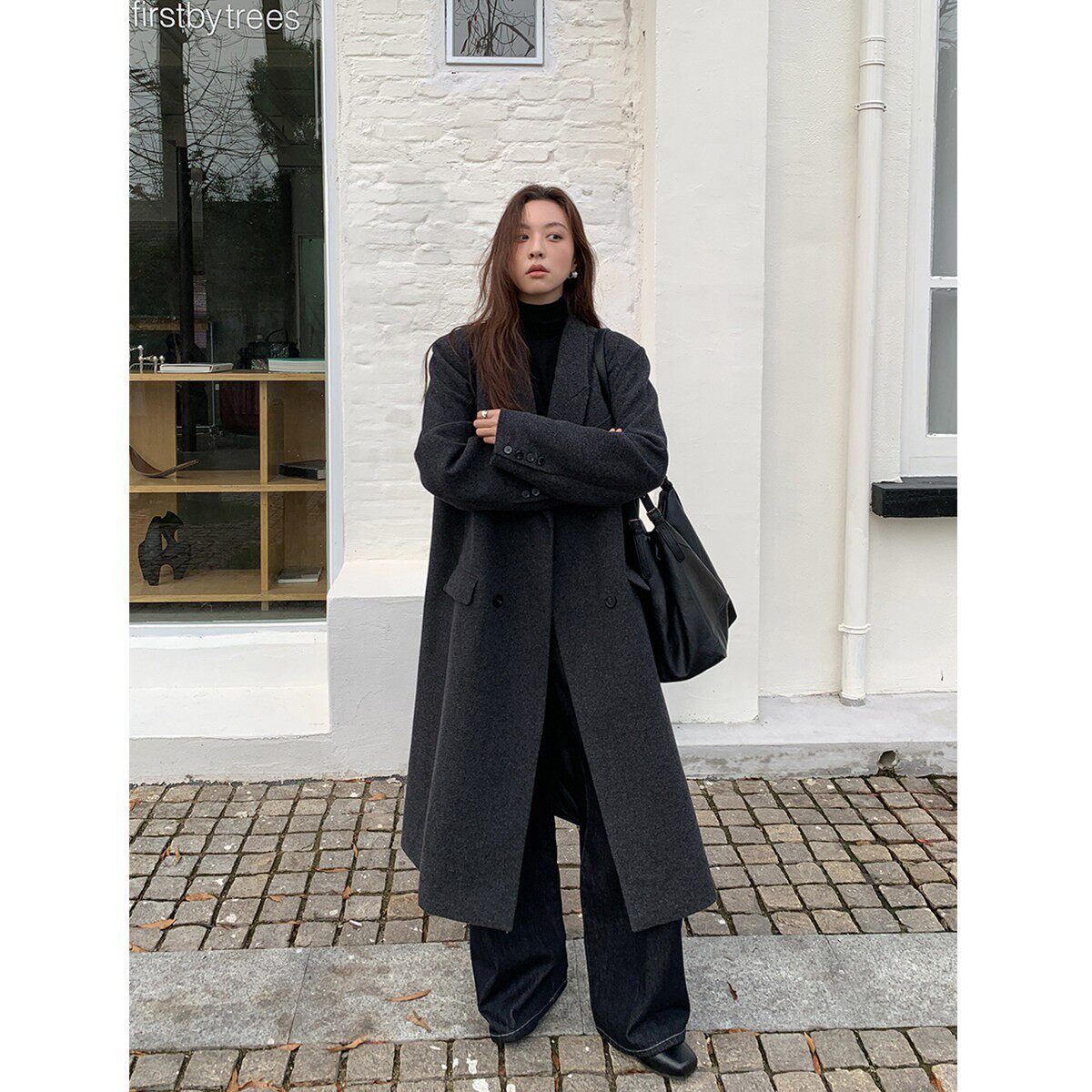 SIXI四喜家 英黎俱乐部 经典正肩灰色毛呢大衣女秋冬廓形长款外套