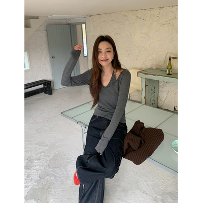 四喜家春夏弹力挂脖V领修身T恤