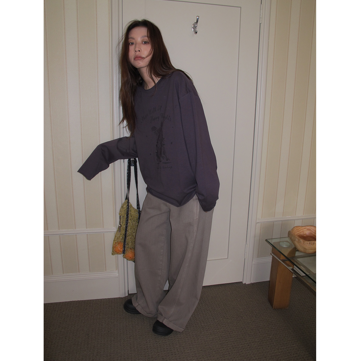 紫色印花长袖t恤女2025新款