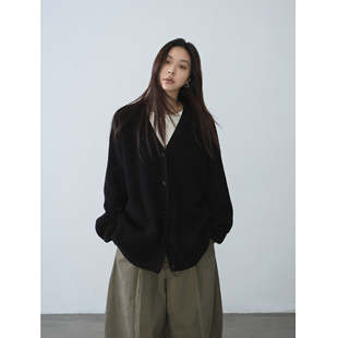 SIXI四喜家 爱穿top 黑色V领针织开衫女宽松复古慵懒显瘦毛衣外套