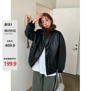 SIXI四喜家 巴黎街头 仿羊羔毛立领黑色皮衣外套女冬加厚保暖棉衣