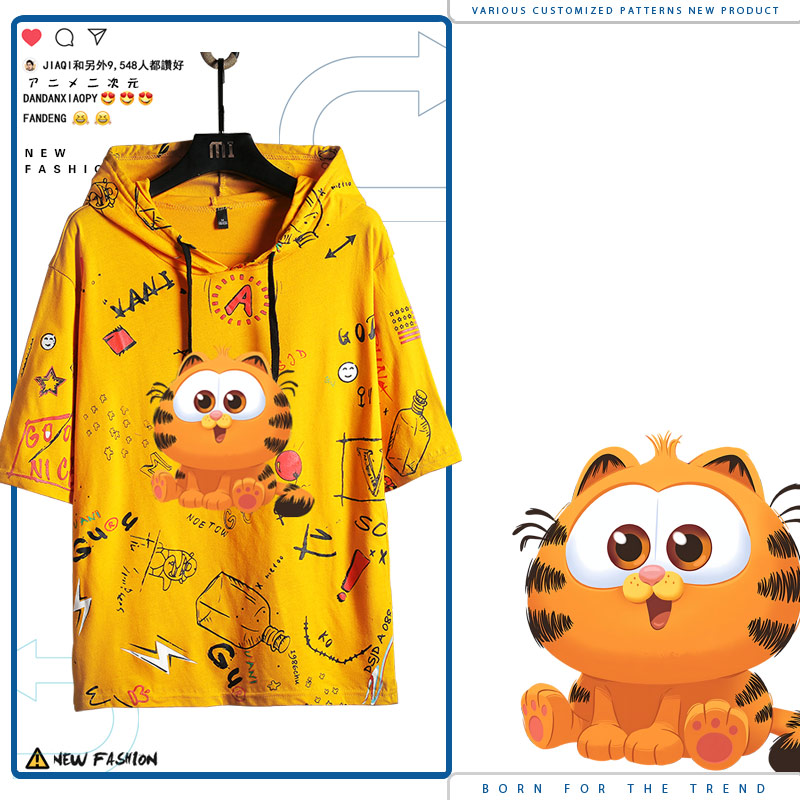 3d加菲猫家族电影周边动画男女情侣百搭休闲带帽夏季短袖T恤jl