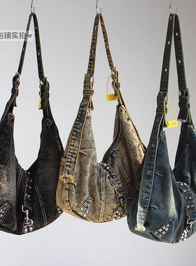 废土流浪风水洗牛仔铆钉单肩斜跨托特包袋潮酷男女饺子包斜挎包包