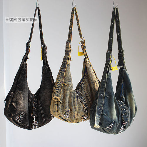 水洗废土牛仔铆钉斜挎包
