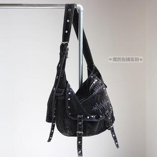 y2k废土流浪风水洗牛仔大容量单肩斜跨托特包袋潮牌男女斜挎包包
