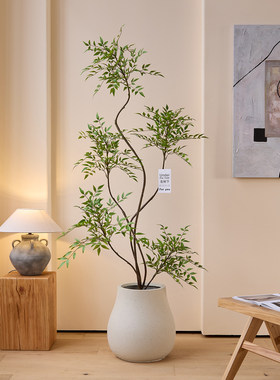 韵境家居仿真绿植高端轻奢室内植物盆栽南天竹假树简约原木风装饰