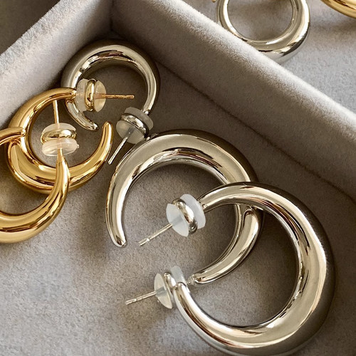 韩国【设计师】S925银针光面金色耳环圈圈耳环简约百搭耳圈耳钉