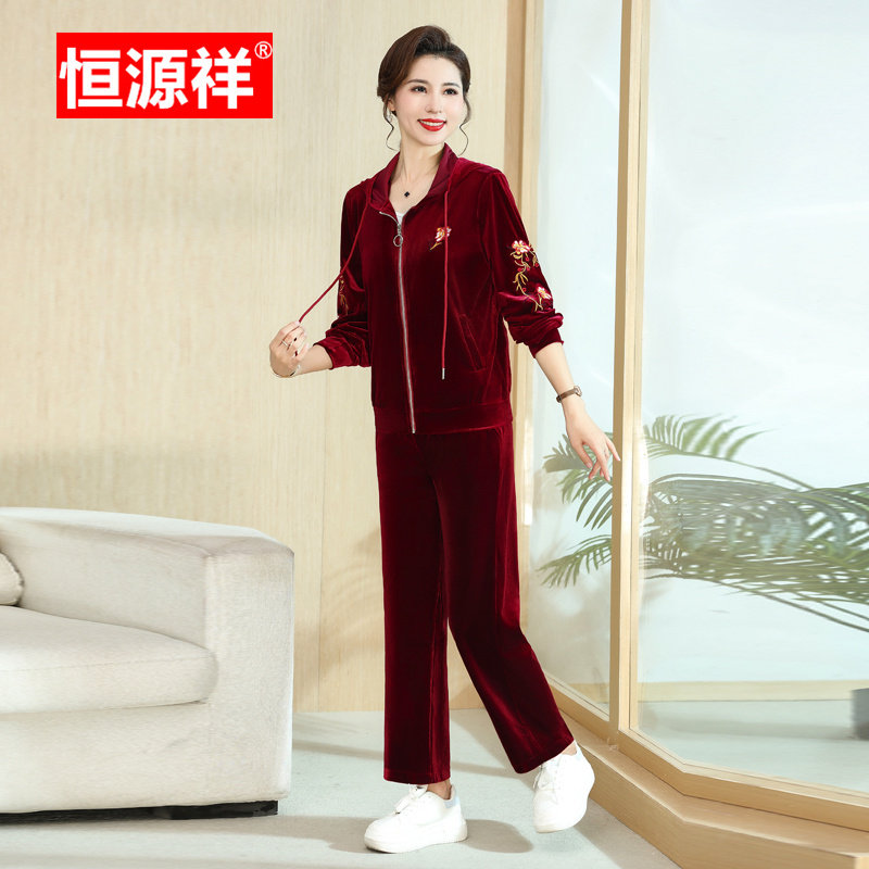 恒源祥金丝绒运动套装女中老年妈妈装连帽拉链两件套洋气上衣裤子
