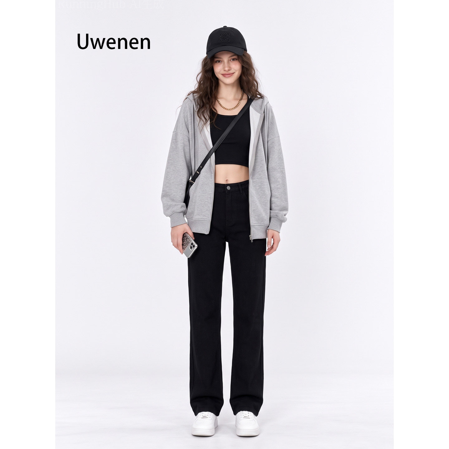 Uwenen  黑色牛仔裤女弹力高腰修身显瘦直通学生松弛感穿搭女裤子