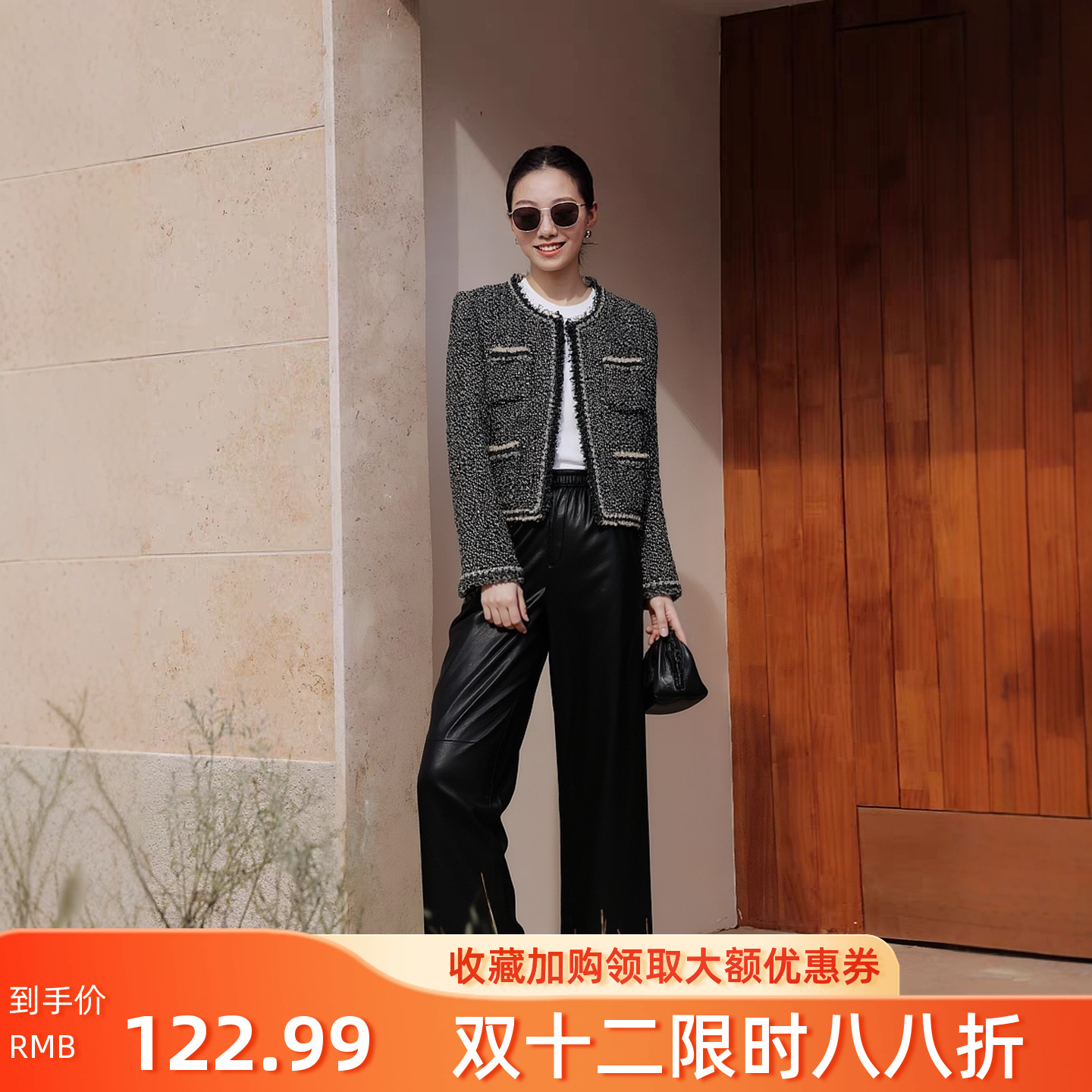 高腰防风抽绳PU直筒阔腿皮裤女