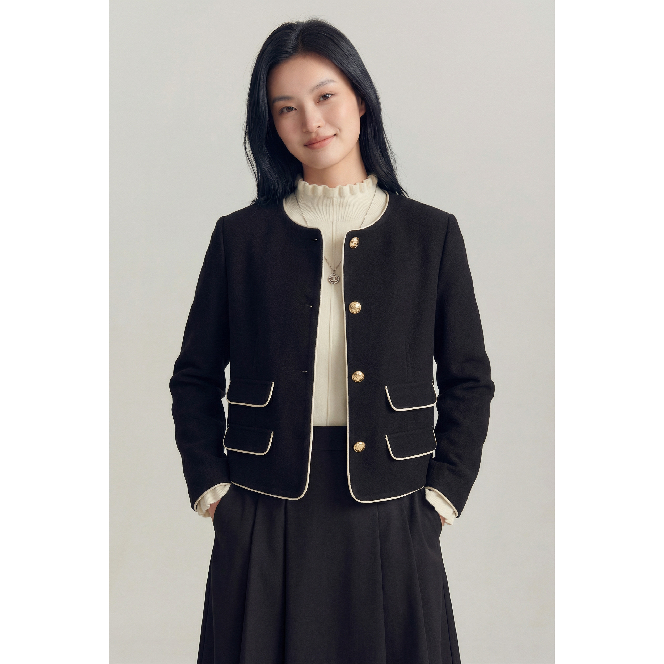 N1099~【商场同步】25冬季绵羊毛气质小香风单排扣短款毛呢外套女,女装/女士精品,短外套,淘宝优惠券,粉丝福利购,淘宝优惠卷