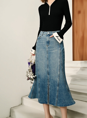 N639~【商场同步】25秋高级感气质高腰毛边修身鱼尾开叉半身裙女