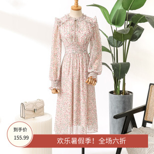 669樱花初恋裙木耳边系带V领灯笼袖 三 连衣裙
