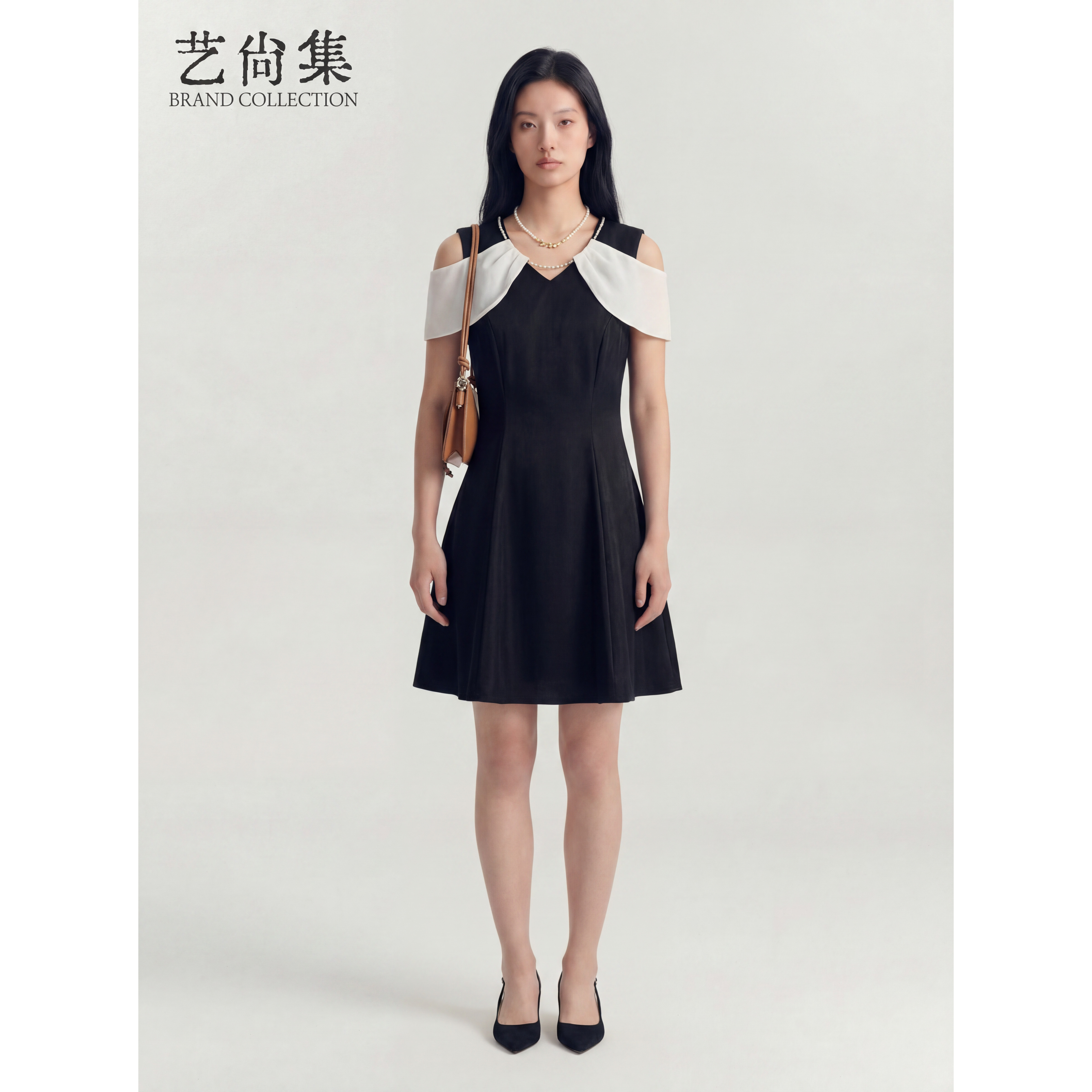 珍珠链条网纱露肩收腰连衣裙