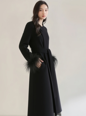 N2399~【商场同步】25冬季100绵羊毛保暖可拆卸羽毛双面呢大衣女