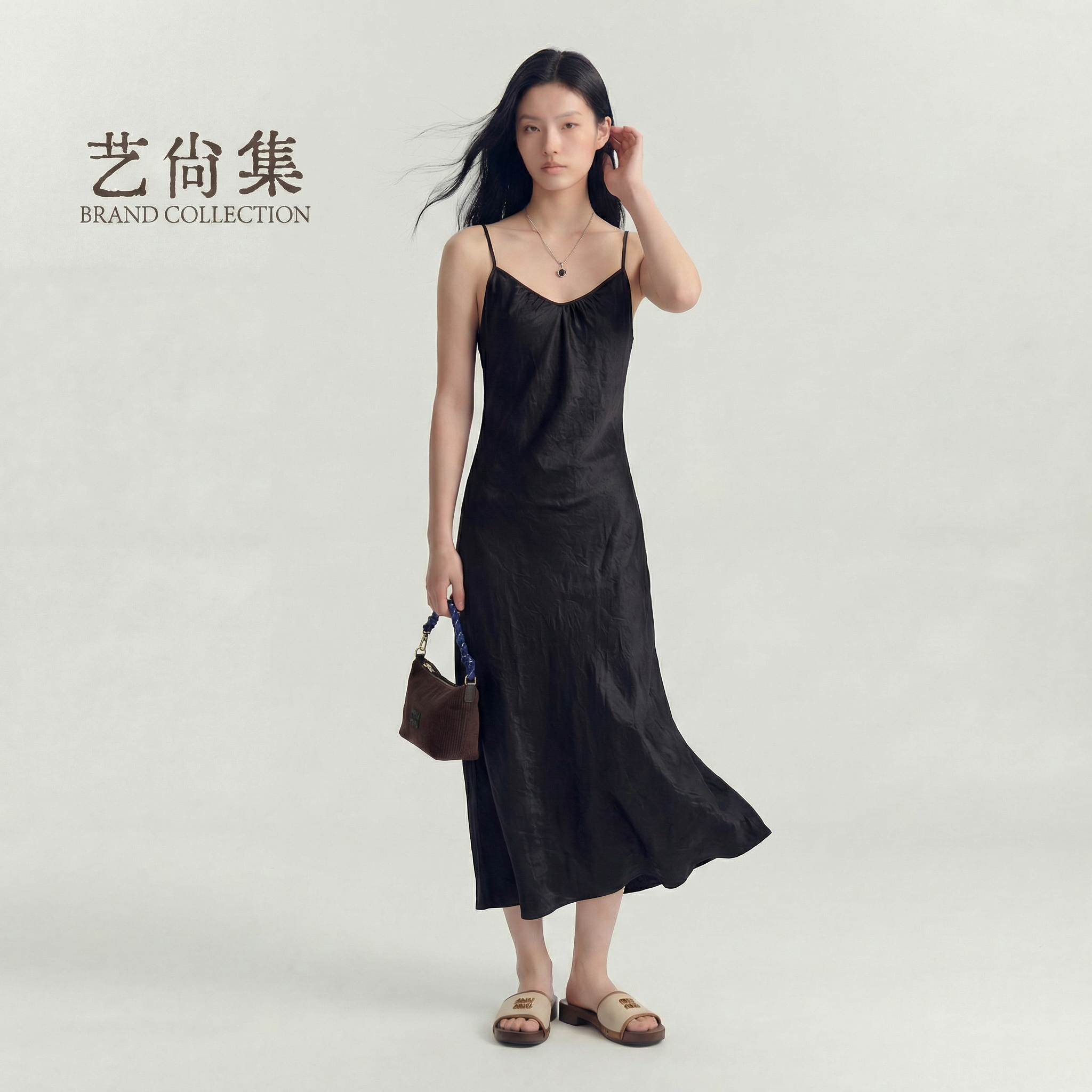 性感高腰醋酯V领长款吊带连衣裙