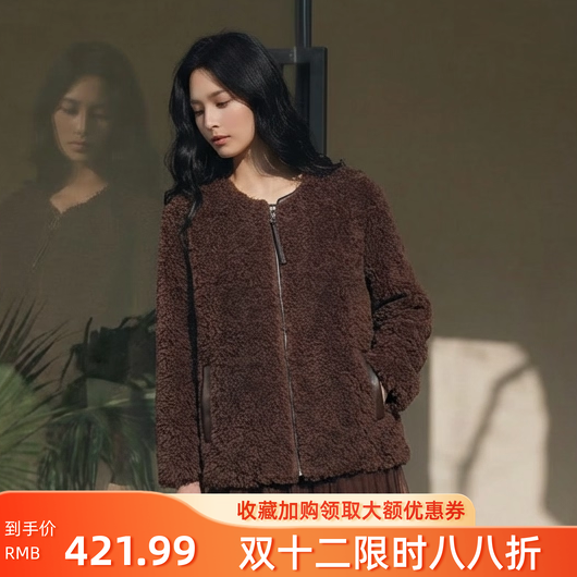 100绵羊毛PU修身皮草外套女