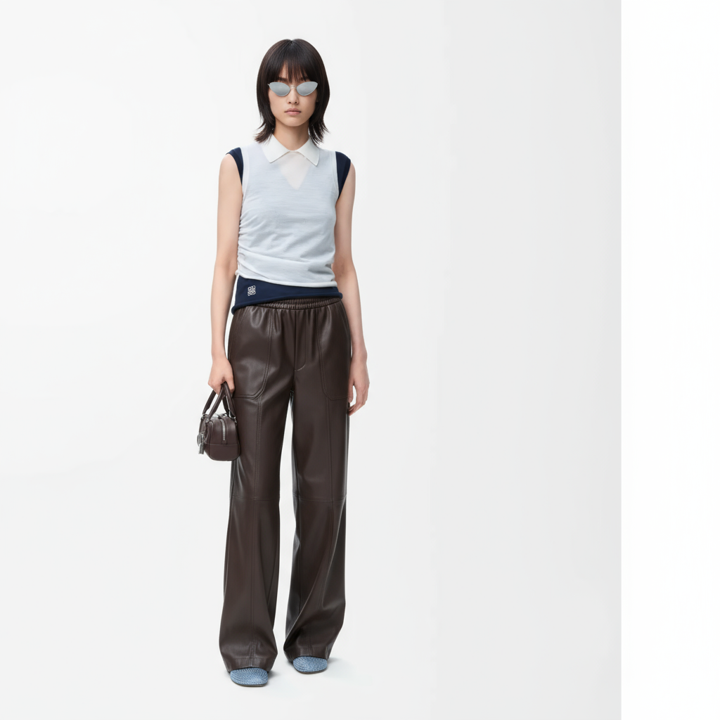 (菇凉自留）N599~【商场同步】25冬季松紧腰加绒PU直筒阔腿皮裤女,女装/女士精品,皮裤,淘宝优惠券,粉丝福利购,淘宝优惠卷