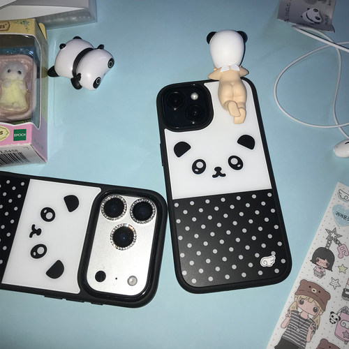 原创手绘熊猫波点黑边手机壳