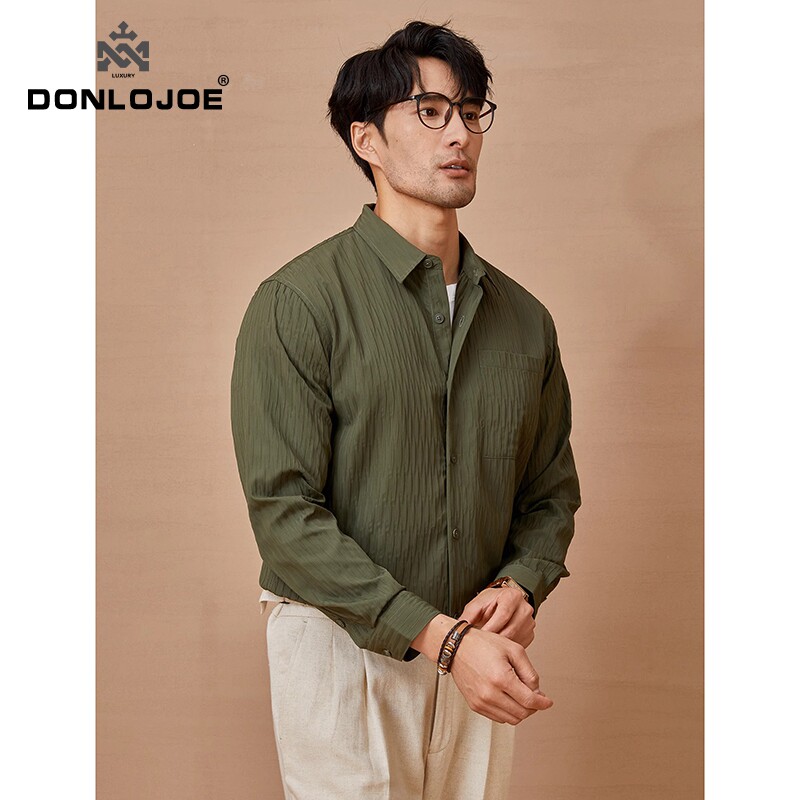 Donlojoe秋季泡泡纱男士衬衫商务休闲 外套时尚多口袋抗皱衬衫长