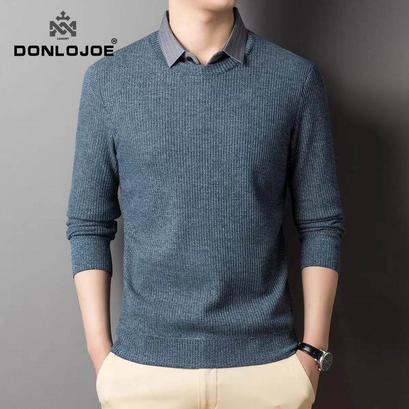 Donlojoe秋季新款假两件衬衫领针织衫中青年商务休闲 基础打底长