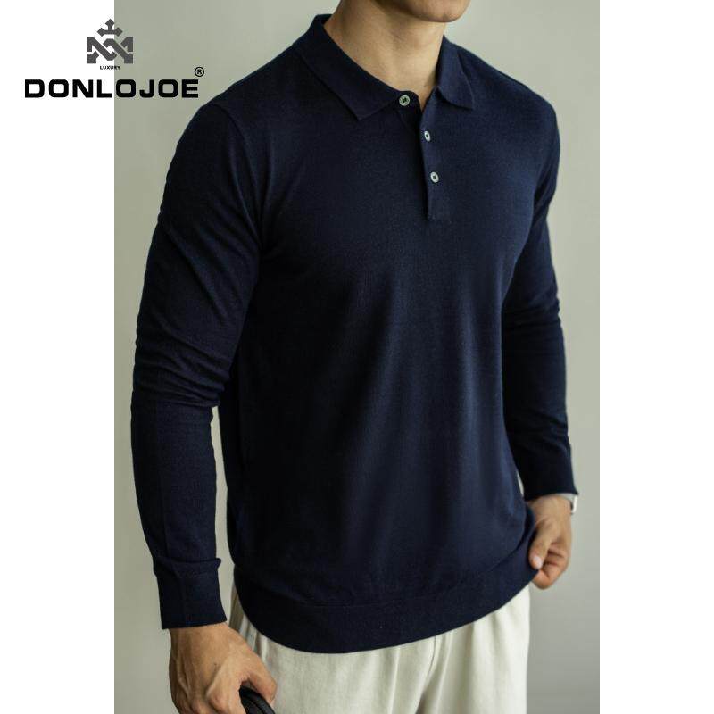 Donlojoe秋季羊毛长袖polo衫男针织打底衫覆古轻熟风翻领休闲T恤