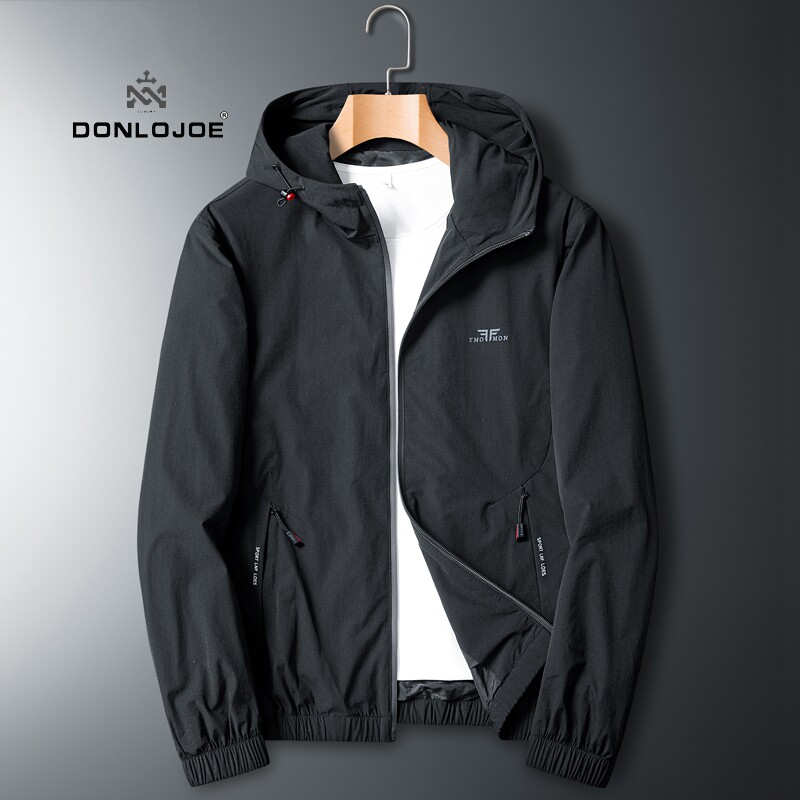 Donlojoe 外套男士春秋休闲 运动中年加绒上衣中年户外连帽夹克衫