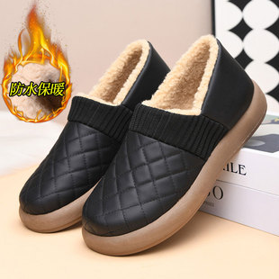 一脚蹬皮面防水豆豆鞋 新款 女冬加绒保暖厚底妈妈鞋 棉鞋 老北京布鞋
