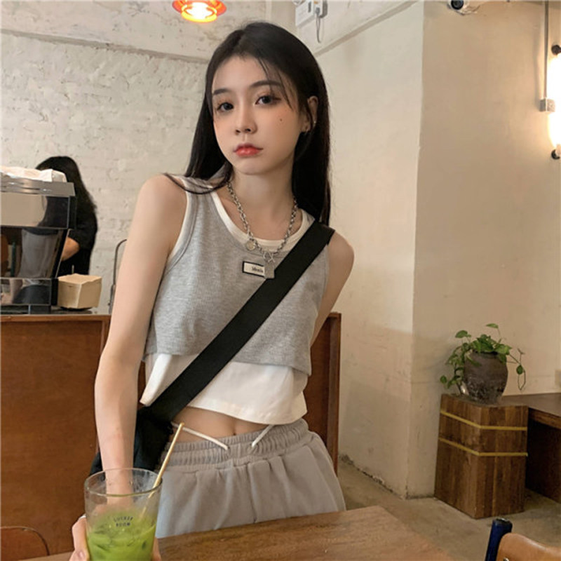 速发假两件设计季无袖背t心恤夏感韩版潮辣妹bf短款露脐心机上衣